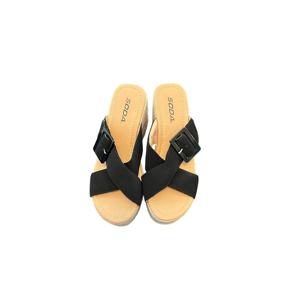 Soda Black Platform Espadrille Sandals Buckle Wedge Slide Womens 7.5